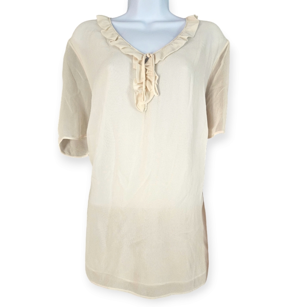 Rena Lange cream silk ruffle tie front peasant blouse top Womens 16
